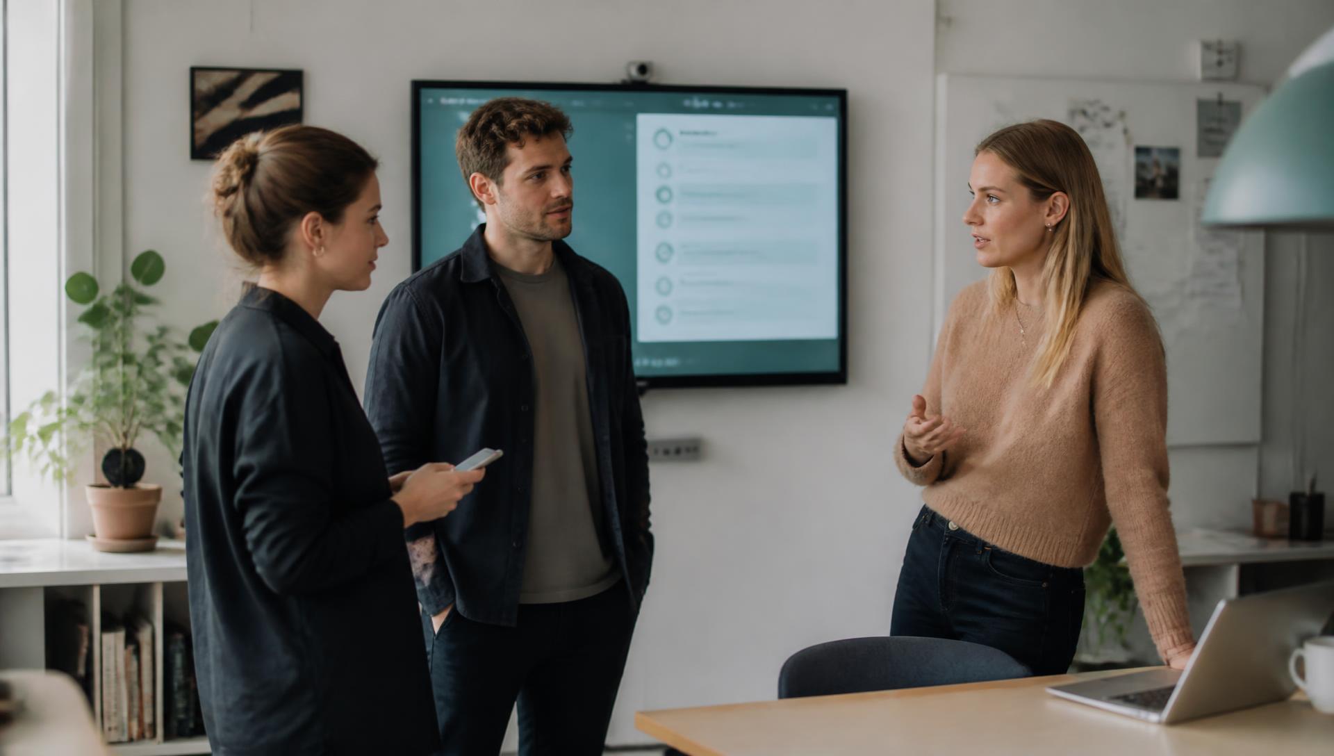 Three colleagues in a product squad standing by a wall screen with a short agenda, one holding a phone to answer from the room