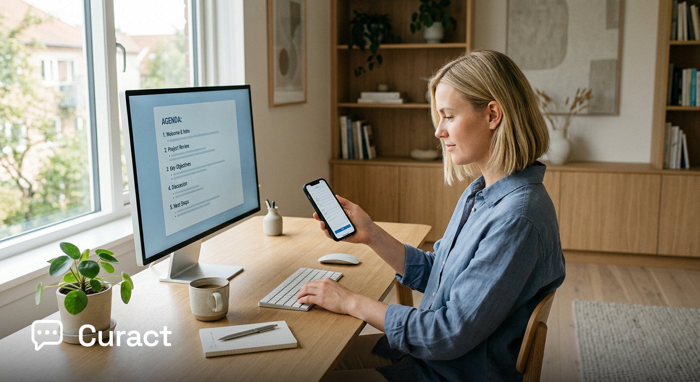 A team workspace showing a screen with an organised meeting agenda and a mobile phone displaying a quick preparation response form.