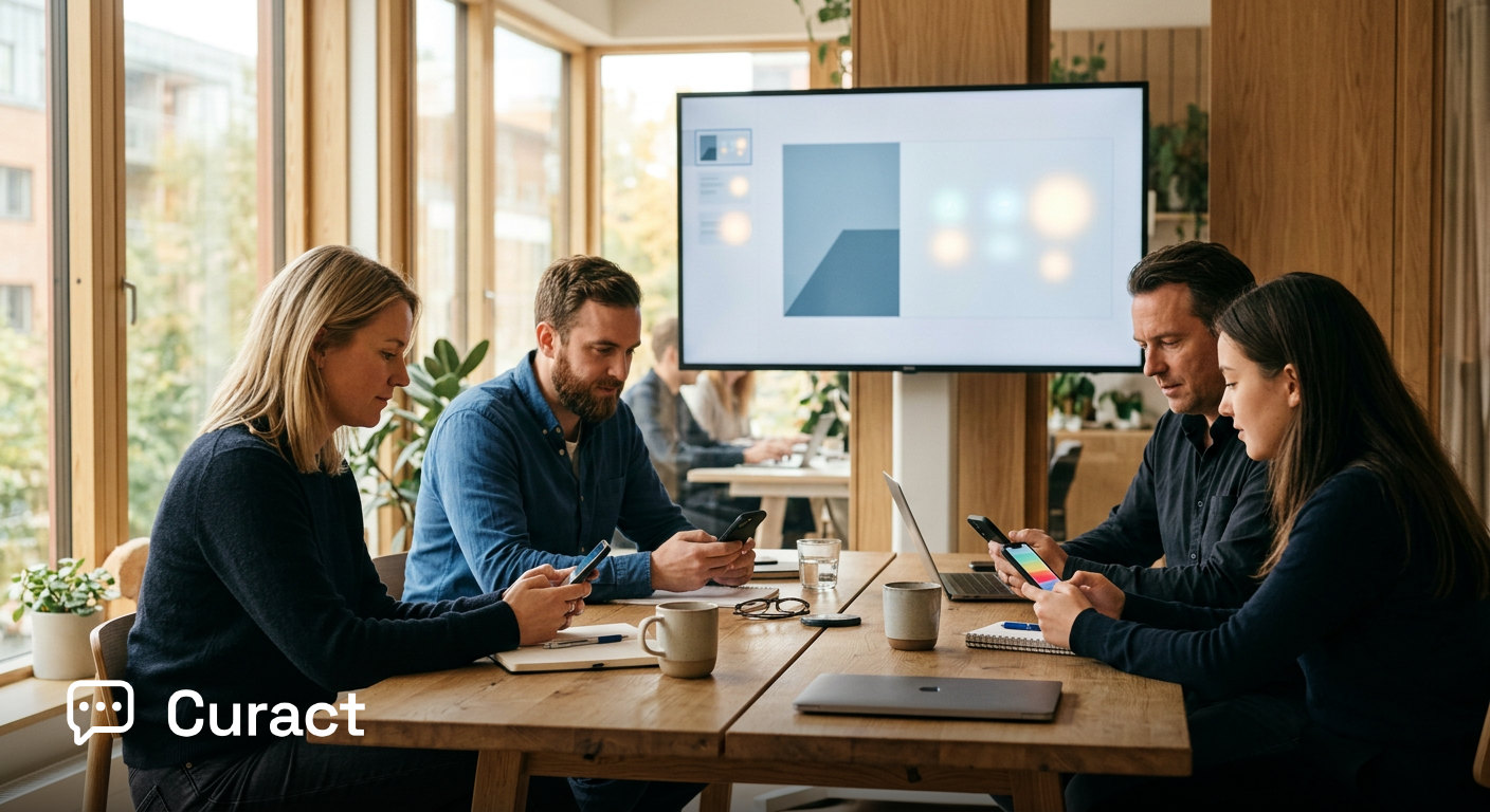 A distributed team engaging in a meeting with a presentation screen and mobile devices in a warm daylight setting.