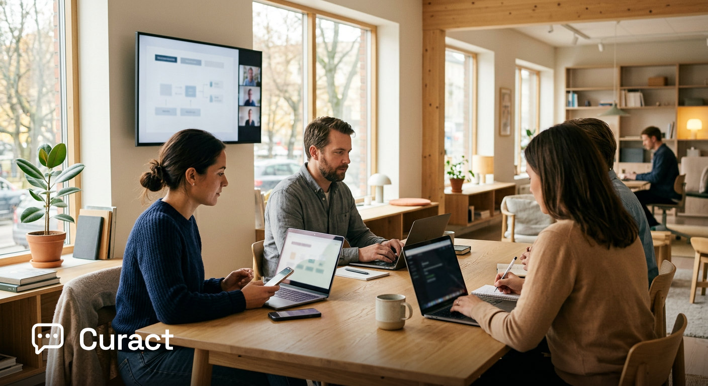 A remote team participating in a structured operational meeting using laptops and mobile devices