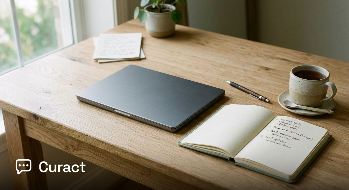 A clean home office desk setup with a handwritten agenda notebook next to a closed laptop.