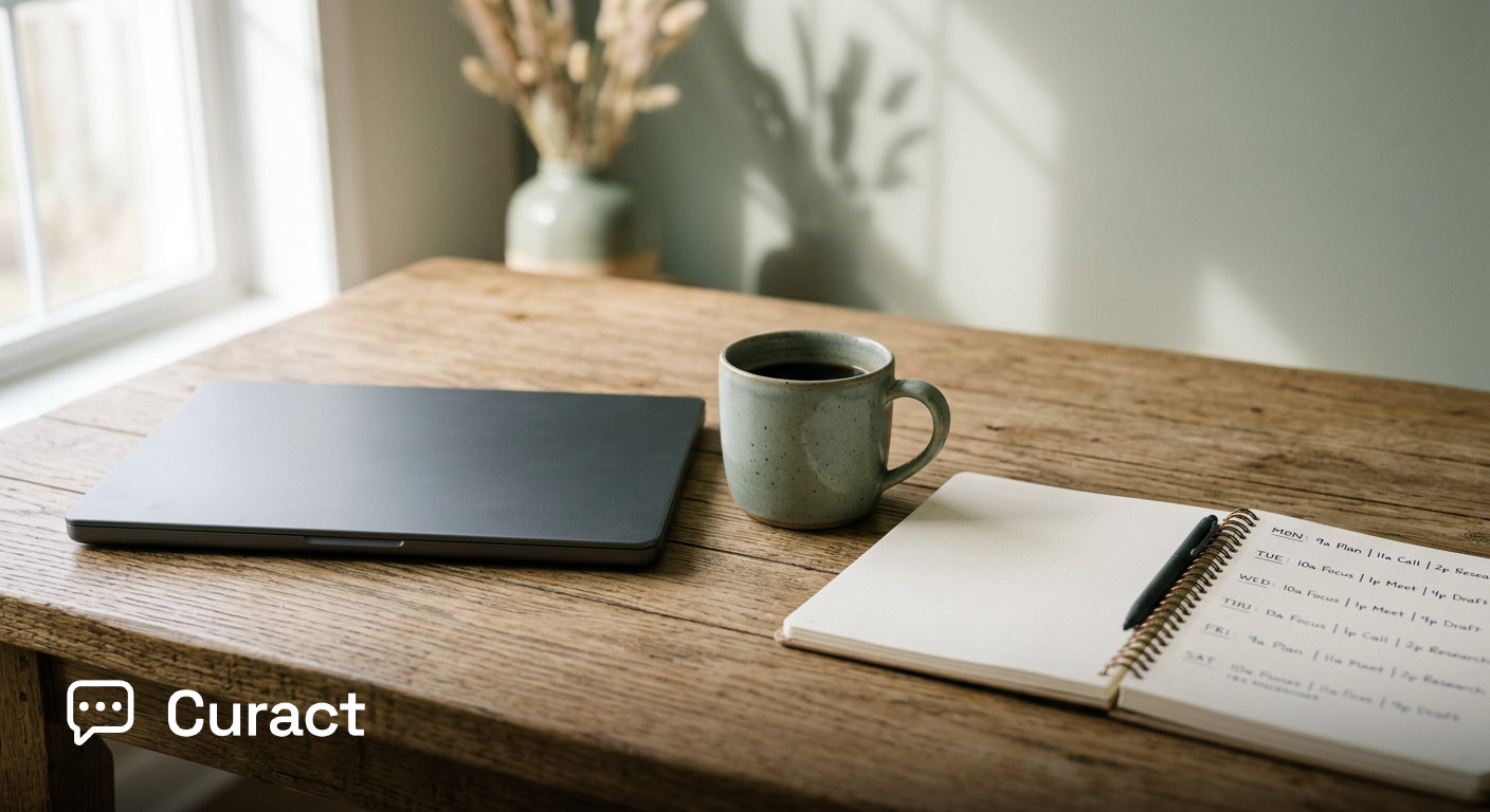 A quiet home office desk with a notebook showing a structured weekly calendar alongside a laptop and mug.