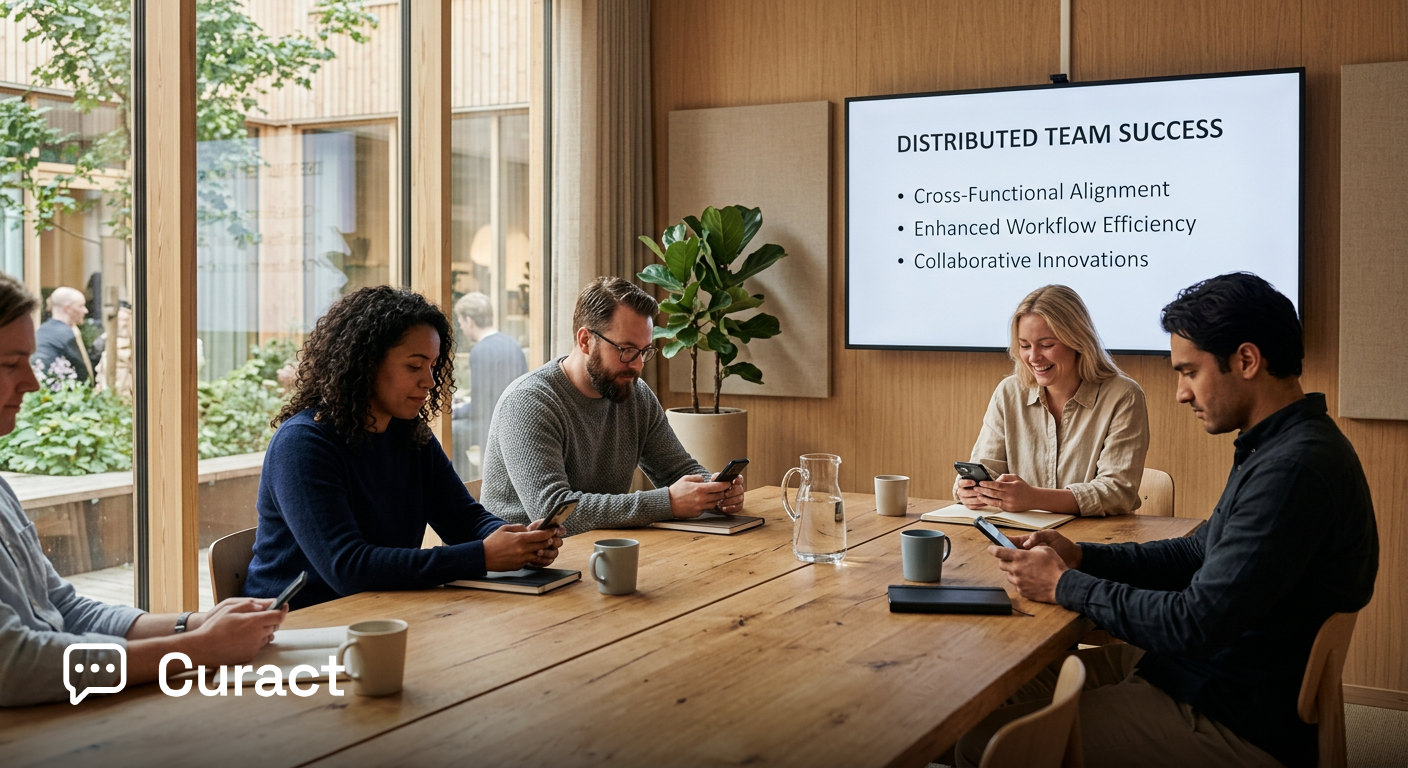 A distributed team gathering in a bright meeting room with a large presentation screen.