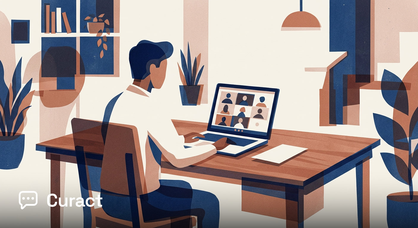 A home office desk with a laptop displaying a multi-person meeting interface.