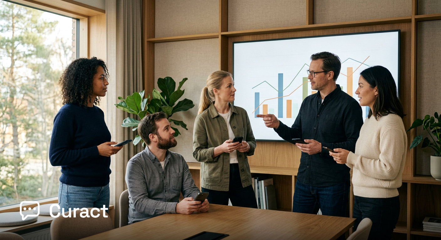 A distributed team looking at a simple metric screen together during a weekly review meeting.