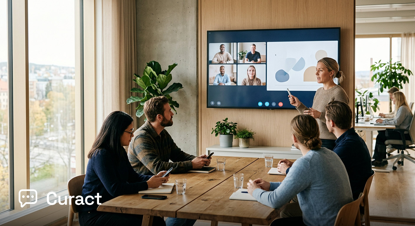 A modern distributed team meeting with a screen showing a structured summary and participants using phones.