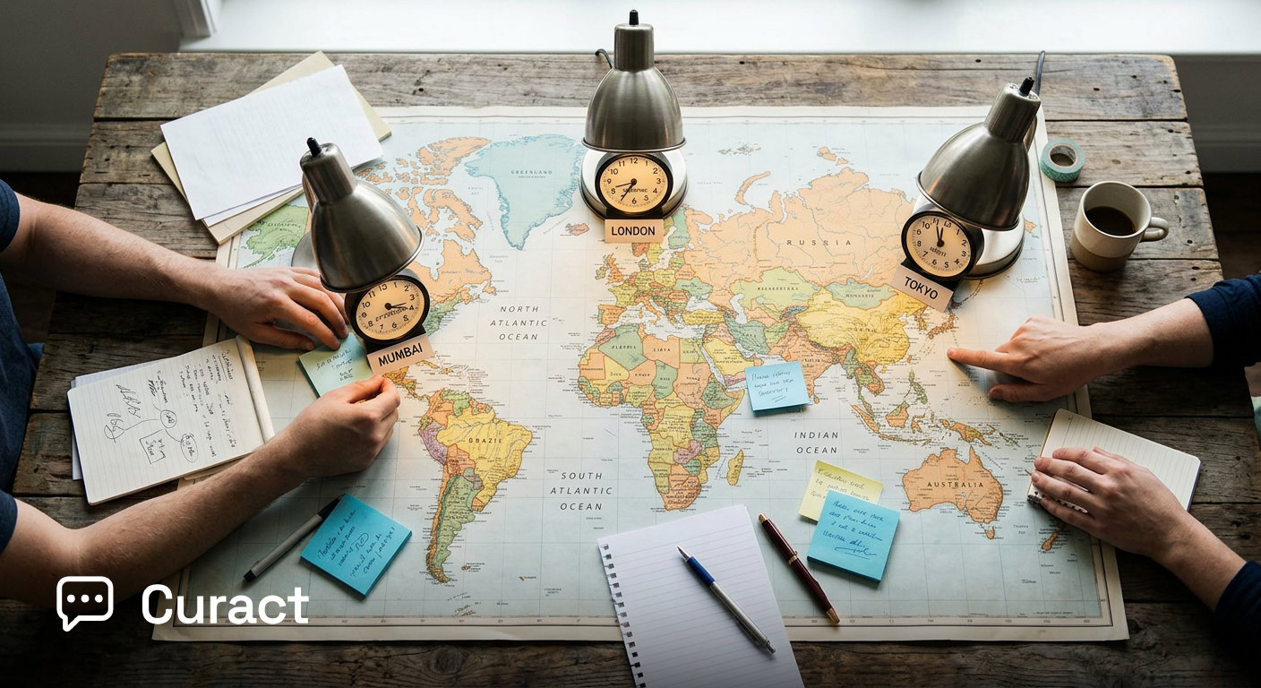 A illustration representing three global offices working across different time zones.