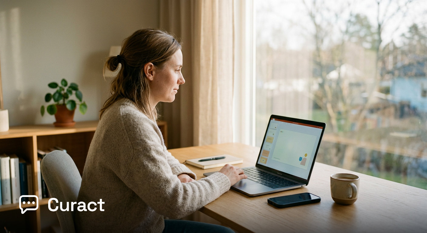 A remote worker reviewing a meeting preparation slide on a laptop.