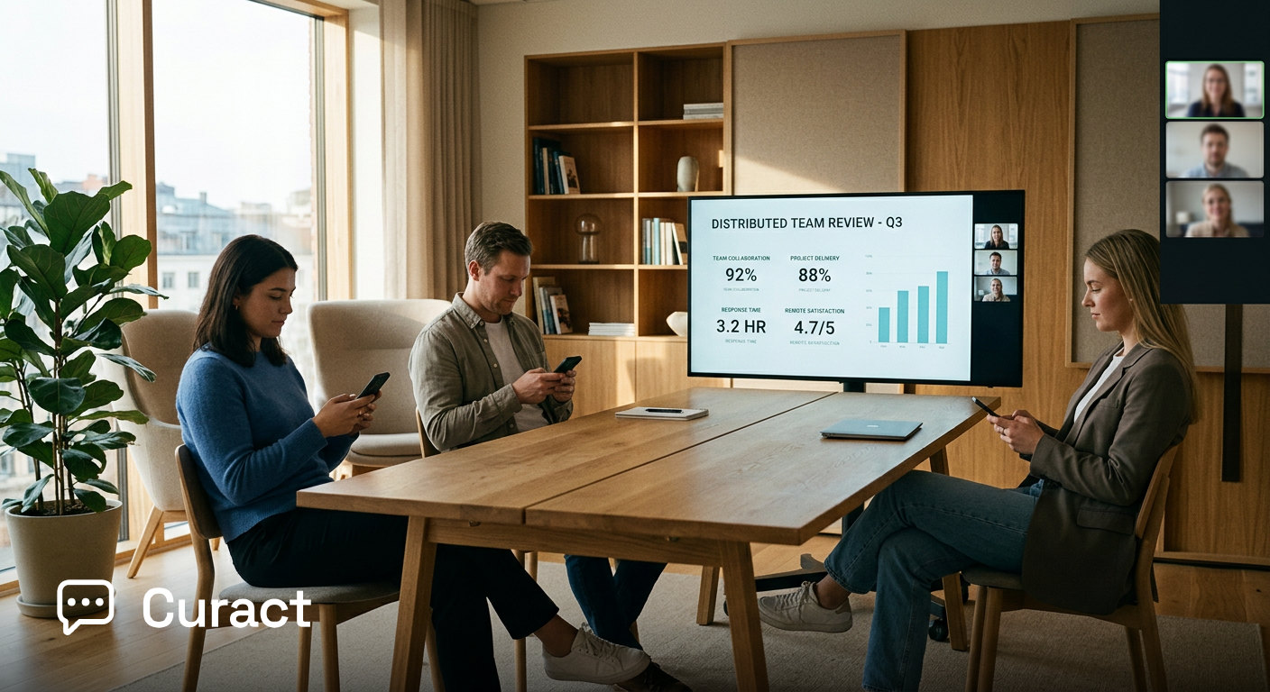 A distributed team holding a weekly start meeting around a wooden table with a screen presentation.
