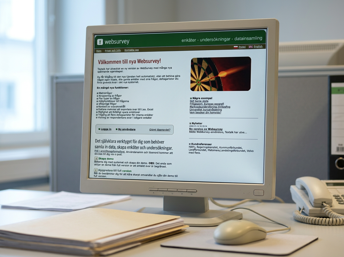 Screenshot of the Websurvey homepage from the early 2000s shown on a flat LCD monitor in an office.
