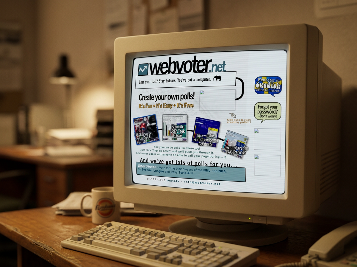 Screenshot of the Webvoter.net homepage from 1998 shown on a beige CRT monitor on a wooden office desk.