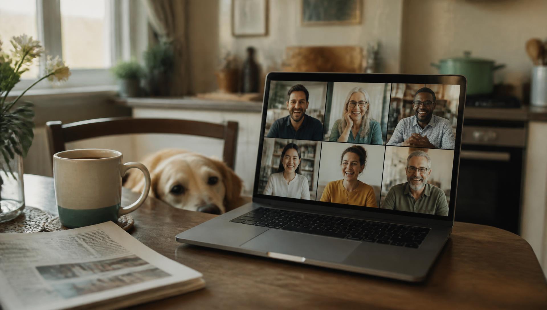 Laptop on a kitchen table showing a video call grid of laughing colleagues, with a dog resting beside the chair and a coffee cup in the foreground