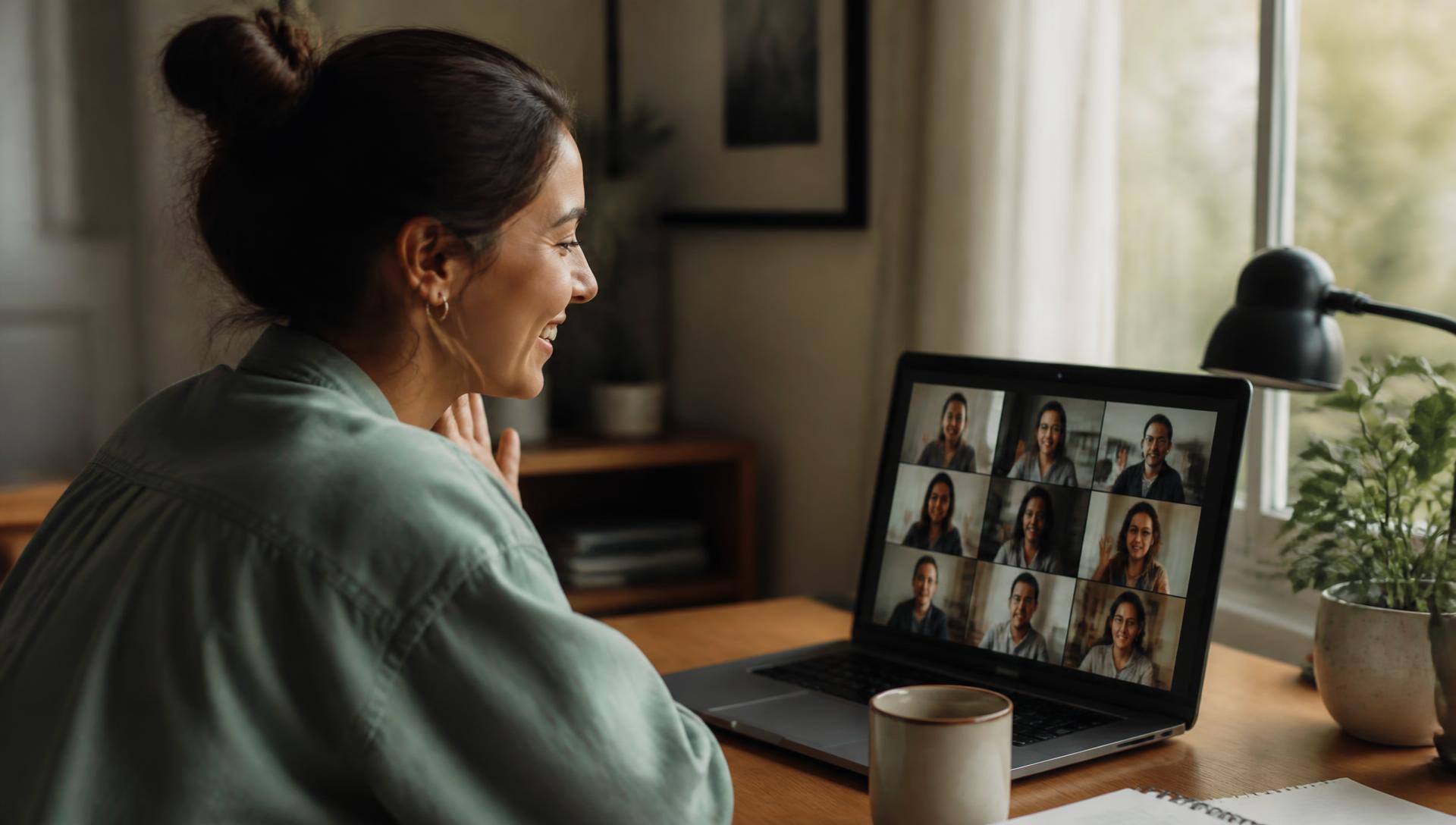 New colleague at a home desk smiling at a laptop showing a grid of video call faces during a remote welcome meeting
